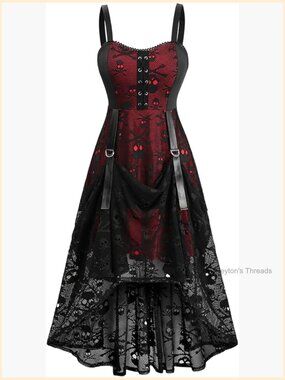 Plus Size Gothic Skull Mesh Lace Up Maxi Sleeveless Dress